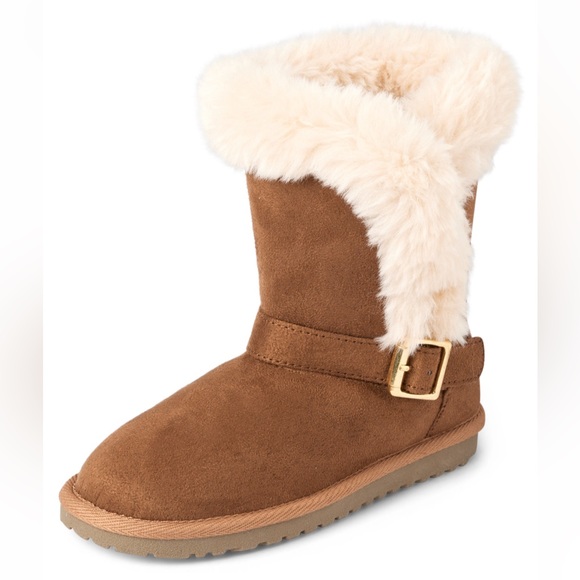 NWT The Children’s Place Girls Buckle Faux Fur Chalet Boots, Tan, Sz 12 Toddler - Picture 1 of 8
